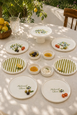 Oliva 11 Parça 6 Kişilik Stackable Seramik Kahvaltı Ve Servis Takımı Zeytin Desenli Beyaz