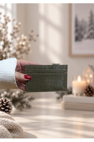 Elpida Bags Kadın Parlak Kroko Dokulu Çıtçıtlı Kartlık Açık Haki