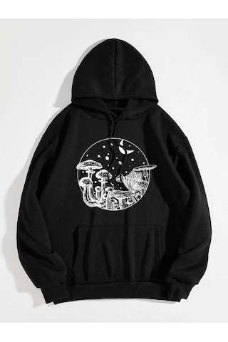 Mushroom Night Sweatshirt - Siyah Baskılı Oversize Kapüşonlu Siyah