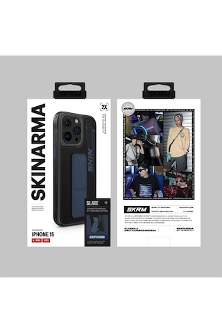 Apple Uyumlu iPhone 15 Pro Kılıf Skinarma Standlı Deri Görünümlü Slate Kapak Mavi