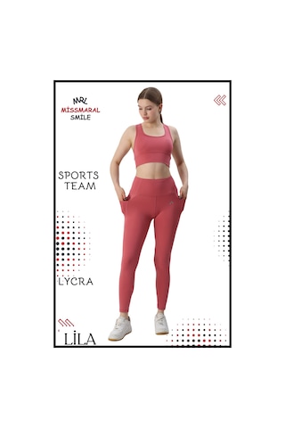 Missmaral Kadın Alt Üst Takım Fitness Pilates Koşu Sporcu Slim Fit Tayt Çift Cep Yüksek Bel Likralı Gül 3065 Gül Kurusu