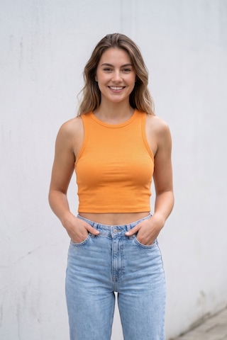 Kadın Turuncu Fitilli Crop Atlet Yüksek Bel Kombin Uyumlu Esnek Vücuda Oturan Yazlık Crop Bluz