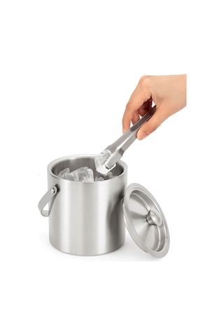 Paslanmaz Çelik Çift Cidar Taşınabilir Saplı - Kapaklı 1 Lt. Buz Kovası Gri