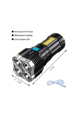 Aubyhe Usb Şarjlı Dört Led Işık, Cob Yan Aydınlatma, 400mah Pil, Su Geçirmez, Taşınabilir Dış Mekan El Feneri Siyah