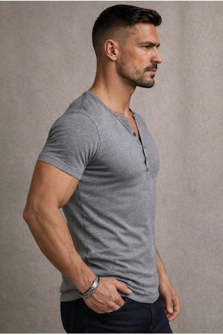 Özel Üretim Henley Yaka Düğmeli Açık Geniş Yaka Tişört T-shirt Füme
