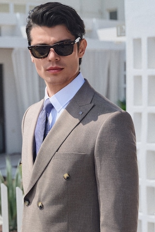 İmza Kahverengi-beyaz Kırlangıç Yaka Kruvaze 6 Drop Slim Fit Tam Astar Esnek Takım Elbise 1001260171 Kahverengi - Beyaz