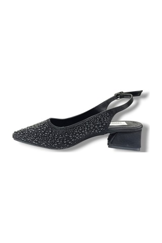 C-shoes 2605-26 Saten İncili Taşlı Kare Topuk Arkası Açık Kadın Ayakkabı Siyah