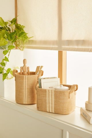 Ocean Home Textile 2'li Çizgili Jüt Sepet Set 1 Adet 20 x 20 / 1 Adet 24 x 17 x 14 cm