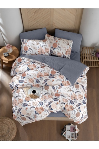 Mystory Home Etro Lastikli Çarşaflı Çift Kişilik Nevresim Takımı Indigo - Kahverengi