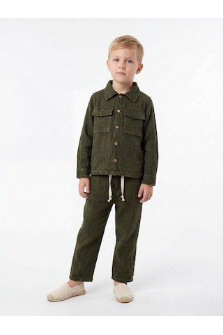 Zekids Erkek Çocuk Müslin Dokulu Rahat Kesim Pantolon-17144 Yeşil