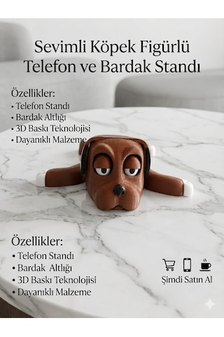 Sevimli Köpek Figürlü 2'si 1 Arada Telefon Standı Ve Bardak Altlığı - 3d Tasarım Kahverengi
