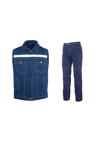 Kot İş Takımı Likralı Kot Pantolon Ve Reflektörlü İş Yeleği Myform Marka 2958-2150