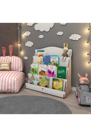 Mingitav Mingitav Lucky Montessori Ahşap Çocuk Odası 4 Raflı Kitaplık Meşe