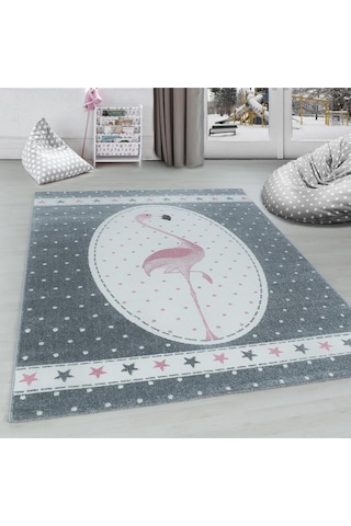 Flamingo Yıldız Desenli Çocuk Odası Halısı Pembe Gri Beyaz Renkli Halı Gri - Pembe