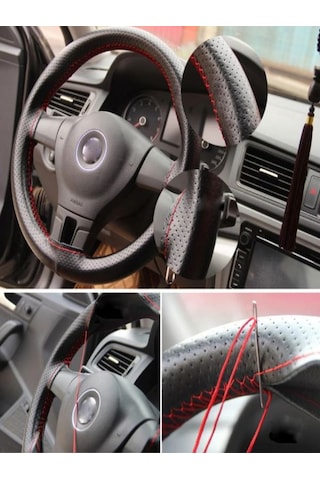 Noktalı Kırmızı Dikişli Kırmızı İpli Kılıf Direksiyon Kılıfı