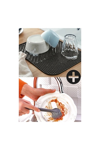 Mainshop Silikon Bulaşık Kurutma Matı Ve Silikon Uçlu Bulaşık Ve Lavabo Fırçası 2'li Set Antrasit Renk