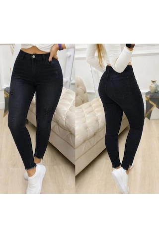 Valensdesign Kadın Yüksek Bel Yırtık Desenli Skınny Kot Pantolon Siyah
