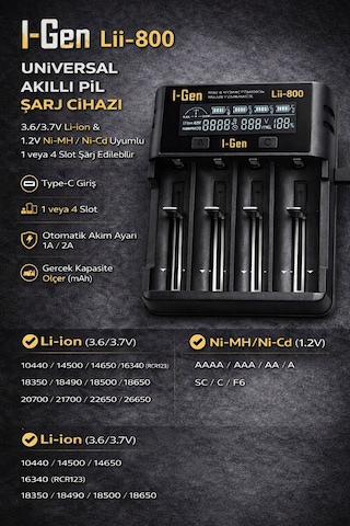 I-gen G428 4'lü 18650 Li-ıon Akıllı Pil Şarj Aleti + 4 Adet 18650 2000mah 3c 3.7v 7.4 Wh Li-ıon Pil Seti