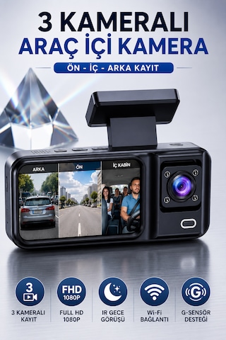 3 Kameralı Araç İçi Kamera Full HD 1080P Ön Arka İç Kamera IR Gece Görüşü G-Sensör Dashcam