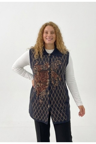 Onno Style Women Büyük Beden Ekose Gül Pike Desenli Çelik Örgü Kadın Triko Yelek Kaban Lacivert