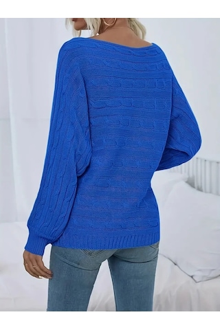Soonaksesuar Kadın Uzun Kollu Yakası Açık Saç Örgü Desenli Triko Bluz Saks Mavi