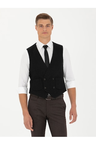 Cacharel Siyah Slim Fit Yün Karışımlı Çizgili Klasik Yelek