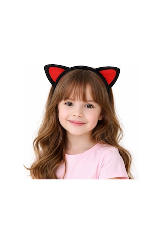 Peluş Kedi Kulak Taç Kırmızı Siyah - Çocuk Parti Kostüm Tacı Diğer