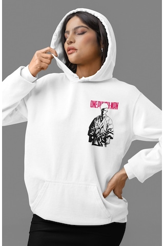 Sevbano Tasarım One Punch Man Anime Sırt Baskılı Unisex Oversize Penye Ho beyaz