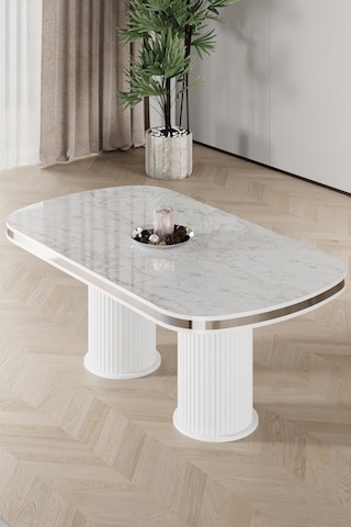 Canisa Galya Serisi Lak Panel 90x168 Sabit Beyaz Mermer Desen Mutfak Masa Takımı 6 Antrasit Sandalye Byz Mermer Desen Masa Ant Sandaly