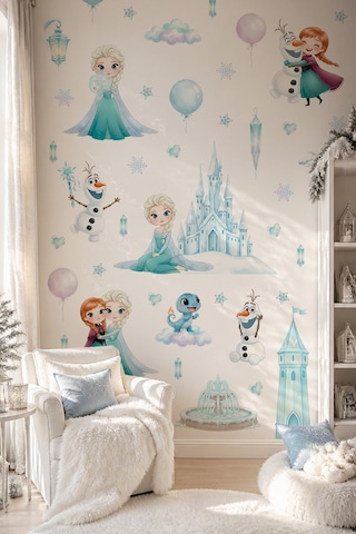 Karlar Ülkesi Temalı Duvar Sticker Seti 84 Parça Elsa, Anna, Olaf Buz Şatosu Çocuk Odası Sticker Dijital Baskı