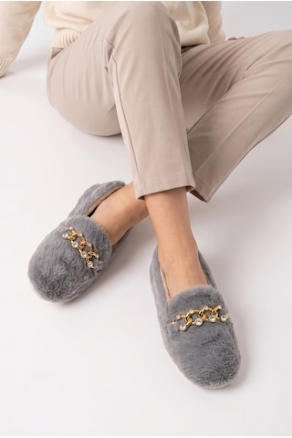 Nmoda Kadın Peluş Panduf Gold Zincir Taşlı Aksesuarlı Kapalı Loafer Yumuşak Tabanlı Kışlık Rahat Babet Gri
