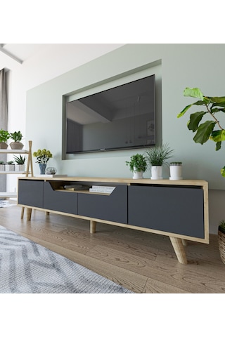 Roma Ahşap Ayaklı Tv Ünitesi Tv Sehpası Safir Meşe - Antrasit