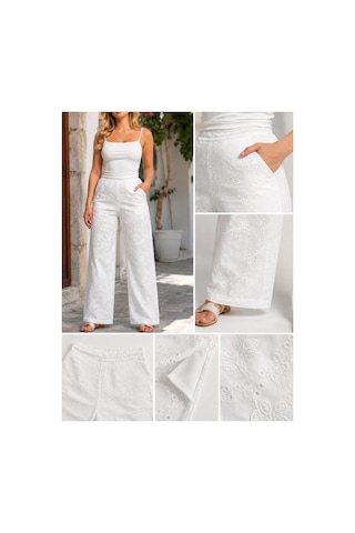 Meridefashion Beyaz Nakış İşlemeli Yüksek Bel Geniş Paça Kadın Pantolon M