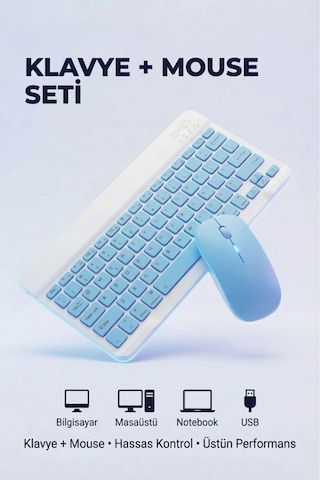 Kablosuz Bluetooth Klavye Ve Dongle Lı Mouse Seti Şarjlı Klavye Ve Fare Kombinasyonu Mavi