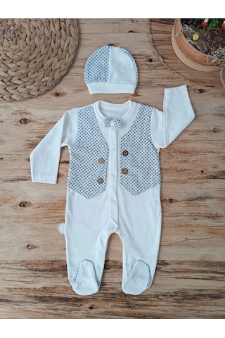 Veraura Lifestyle 0-3 3-6 6-9 Ay Şapkalı Yelek Detaylı Boydan Çıtçıt Erkek Bebek Tulumu Ekru