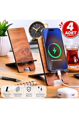 4 Adet Ahşap Telefon Standı Masaüstü Telefon Tutucu Katlanabilir Şarj Girişli Ev Ofis Düzenleyici Seti Standart