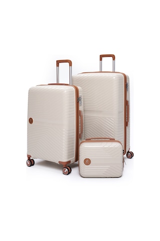 Elatae Exclusive Pro Polipropilen Kırılmaz 3'lü Valiz Seti Büyük - Orta Boy Ve Makyaj Çantası Bej - Camel 5239 Bej - Camel