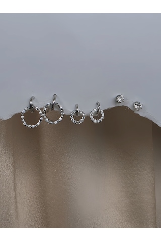 6'lı Halka Model Zirkon Taşlı Silver Renk Küpe Seti Gümüş