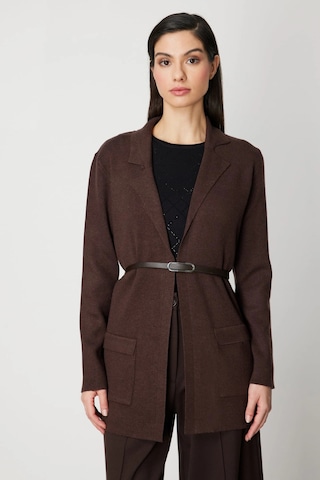 On Fashion Kadın Önü Açık Cepli Kemerli Kahverengi Hırka 69907 Kahve