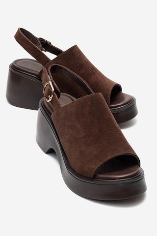 Luvishoes Power Kahverengi Süet Hakiki Deri Kadın Dolgu Topuklu Sandalet Kahverengi