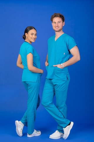 Tek Üst Unisex Kalıp Turkuaz Mavi Likralı Hemşire / Doktor Forması Scrubs Turkuaz
