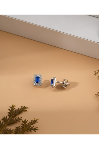 925 Ayar Rodyum Baget Kesim Safir Taşlı Minimal Günlük Gümüş Küpe Gümüş