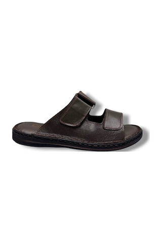 Cakgo 182-26 Hakiki Deri Ultra Soft Çift Bant Cırtlı Anatomik Erkek Terlik 40-47 Kahverengi
