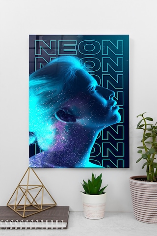 Neon Kadın Cam Tablo Hediyelik, Dekoratif, Ofis, Mutfak