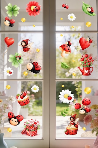 Uğur Böceği Çift Taraflı Cam Sticker Seti 44 Parça Sevimli Papatya, Kalp Ve Peri Figür Cam Sticker Dijital Baskı