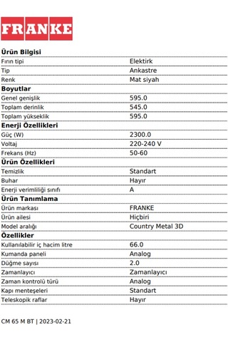 Franke Country CM 65 M BT Ankastre Fırın Siyah