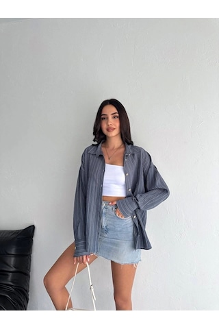 Çizgili Oversize Gömlek Gri