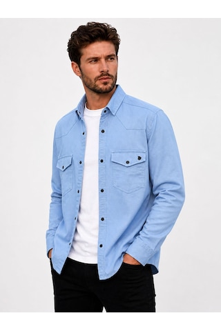 Classics Men Reeport Uzun Kol Slim Fit Erkek Kot Gömlek - 7643 Buz Mavi