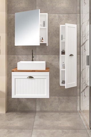 %100 Mdf 65 Cm Aren Banyo Dolabı + 30 Cm Aren Boy Dolabı Beyaz