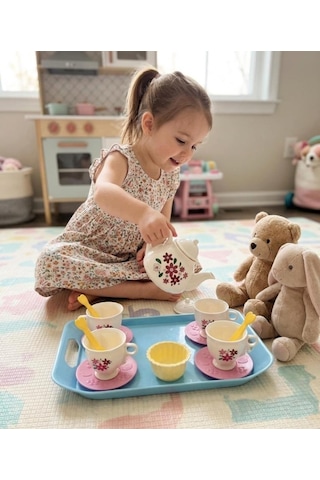 Çay Vakti Fincan Setim 17 Parçalı Çiçek Desenli 4 Fincalı Ve Çaydanlıklı Evcilik Oyun Seti 1